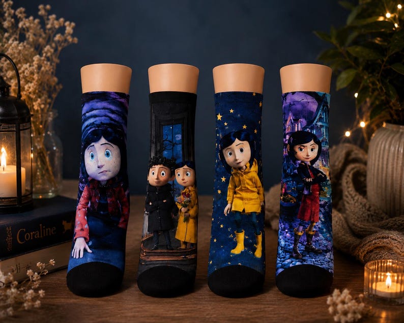 May include: Four pairs of crew socks featuring characters from the animated film. Each sock has a black toe and cuff, with a different character design on a blue background. The characters are depicted in various scenes from the movie.