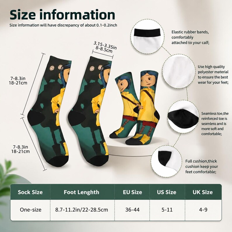 May include: A pair of black, green, and yellow socks featuring a cartoon character in a yellow raincoat. The socks are one-size, with a foot length of 8.7-11.2 inches (22-28.5 cm). The socks have a seamless toe and elastic rubber bands.