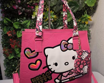 Hello Kitty Pink Tote Bag with Matching Pouch, Holographic Hearts and Printed Handles