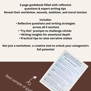 May include: A brown and white graphic with text promoting a 5-page guidebook for writing villains. The text includes reflective questions, writing strategies, and tips to challenge clich&eacute;s. A sample page is shown.