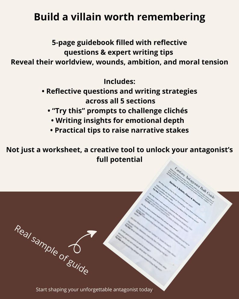 May include: A brown and white graphic with text promoting a 5-page guidebook for writing villains. The text includes reflective questions, writing strategies, and tips to challenge clich&eacute;s. A sample page is shown.