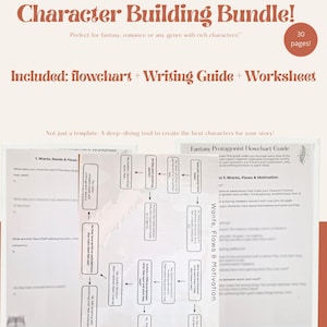 Op de afbeelding: Een karakteropbouw bundel met de tekst "Ultimate Hero & Villain Character Building Bundle!". Het bevat een stroomdiagram, een schrijfhandleiding en een werkblad. De bundel is ontworpen voor fantasy, romantiek en andere genres. De afbeelding toont voorbeeldpagina's.