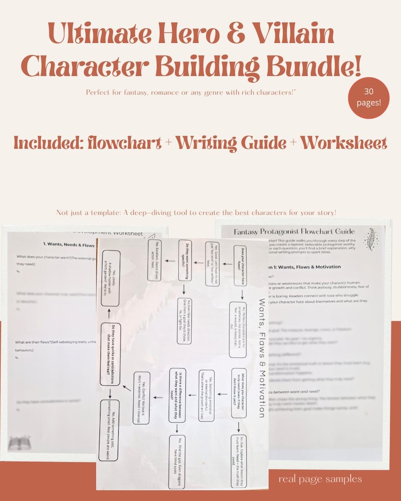 May include: A character-building bundle with the text "Ultimate Hero & Villain Character Building Bundle!" includes a flowchart, writing guide, and worksheet. The bundle is designed for fantasy, romance, and other genres. The image shows sample pages.