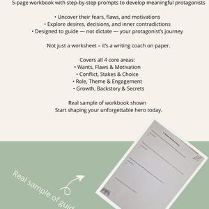 May include: A workbook with the title "Dig deeper with reflective questions" and text describing prompts to develop protagonists. The workbook covers wants, flaws, motivation, conflict, stakes, choice, role, theme, engagement, growth, backstory, and secrets.