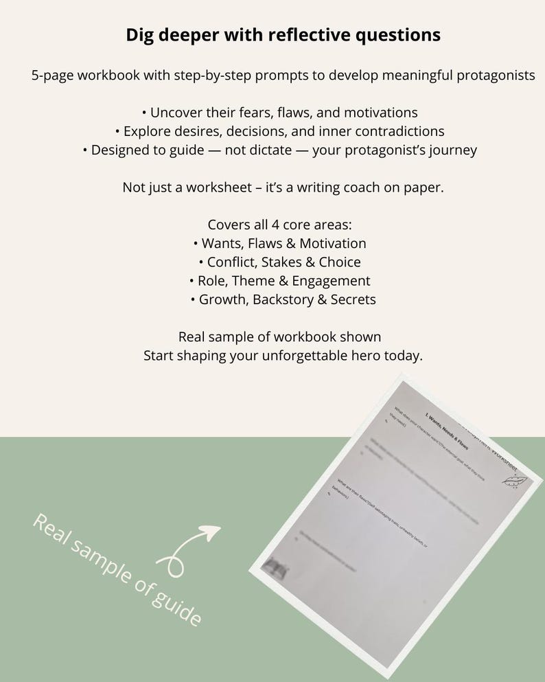 May include: A workbook with the title "Dig deeper with reflective questions" and text describing prompts to develop protagonists. The workbook covers wants, flaws, motivation, conflict, stakes, choice, role, theme, engagement, growth, backstory, and secrets.