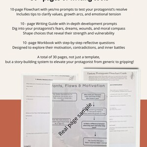 May include: A bundle of writing tools for heroes and villains. The image shows a stack of worksheets with the text "Hero & Villain Bundle" and "30+ pages of writing tools." The worksheets include a flowchart, writing guide, and workbook to help writers.