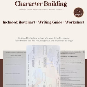 Op de afbeelding: Een digitale gids getiteld "Villain Development Character Building" met een stroomdiagram, schrijfgids en werkblad. De gids is ontworpen voor fantasyschrijvers en bevat 15 pagina's. De tekst is in bruine letters op een beige achtergrond.