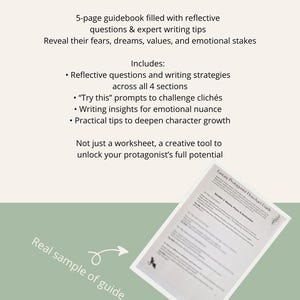 May include: A guide for building a hero, with text that reads "Build a hero worth rooting for." The guide includes reflective questions, writing strategies, and tips. A sample guide is shown with the text "Real sample of guide."