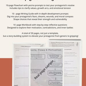 May include: A bundle of writing tools for heroes and villains. The image shows a stack of worksheets with the text "Hero & Villain Bundle" and "30+ pages of writing tools." The worksheets include a flowchart, writing guide, and workbook to help writers develop characters.
