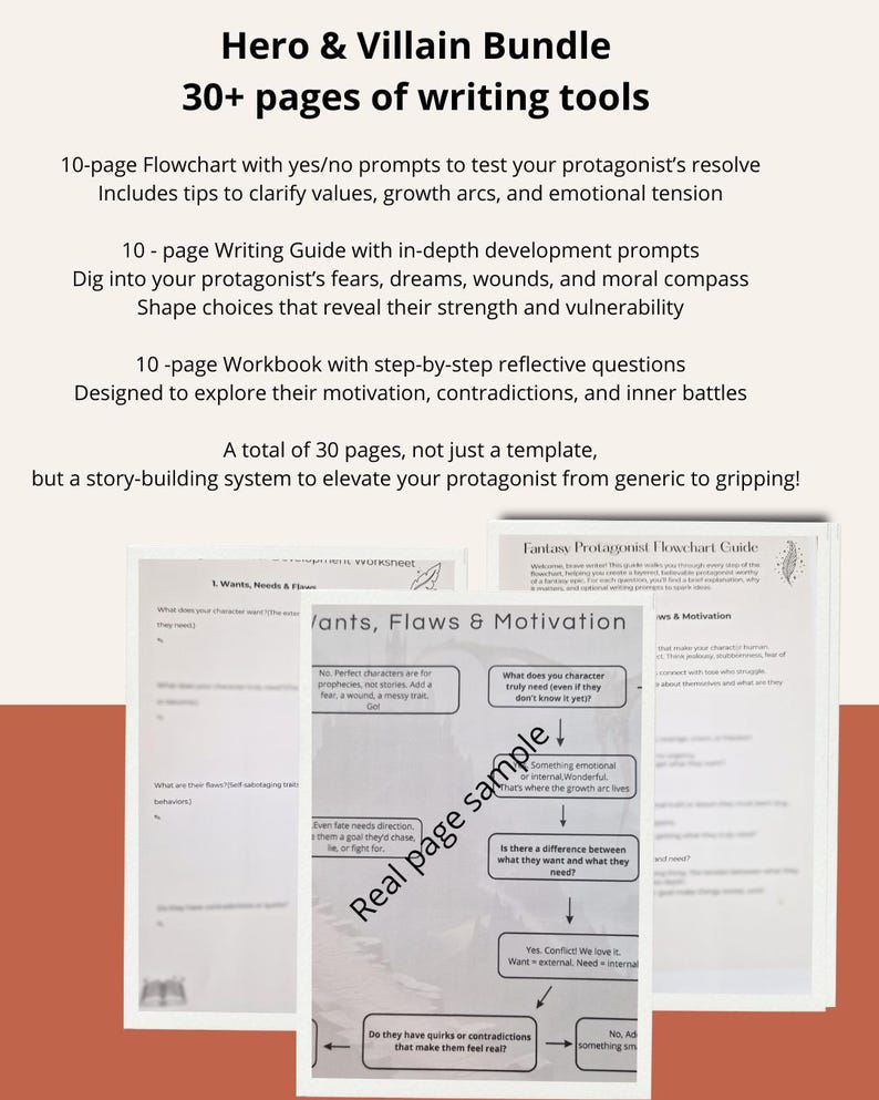 May include: A bundle of writing tools for heroes and villains. The image shows a stack of worksheets with the text "Hero & Villain Bundle" and "30+ pages of writing tools." The worksheets include a flowchart, writing guide, and workbook to help writers develop characters.