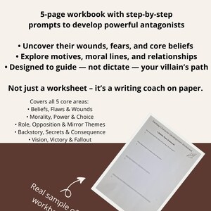 May include: A workbook with text that reads "Dig deeper with reflective questions" and "5-page workbook with step-by-step prompts to develop powerful antagonists." The workbook includes a sample page titled "Fantasy Character Development Worksheet."
