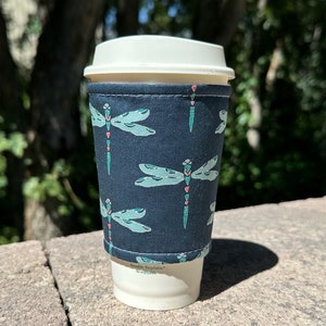 Iced or Hot Fabric coffee cozy / cup sleeve / coffee sleeve / Dragonfly -- Flat Shipping
