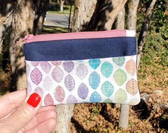 The Mini - zipper pouch + front slip pocket / card holder coin cash change purse / fabric + canvas / Rainbow leaves