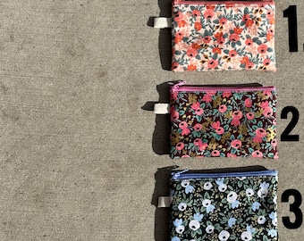 Small zipper pouch, Rifle Paper Co botanical zipped bag, essential oils pouch, gift card bag, coin card purse, floral prints - flat shipping