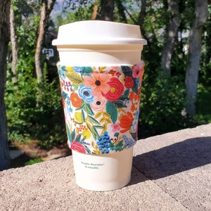 Hot or Iced Fabric coffee cozy / cup cuff / coffee sleeve  / Rifle Paper Co Flowers Wildwood Garden Party on Cream -- Flat Shipping