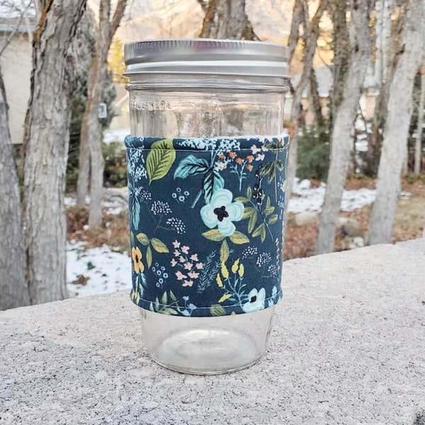 Mason jar cozy / mason jar sleeve - 24oz quart pint half-pint wide-mouth regular-mouth - Rifle Paper Co Herb Garden Navy -- Flat Shipping