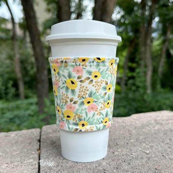 Hot or Iced Fabric coffee cozy / cup sleeve / coffee sleeve  / Rifle Paper Co Primavera Rose in Cream -- Flat Shipping