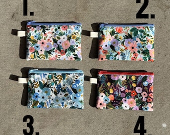 Small zipper pouch, Rifle Paper Co botanical zipped bag, essential oils pouch, gift card bag, coin card purse, floral prints - flat shipping