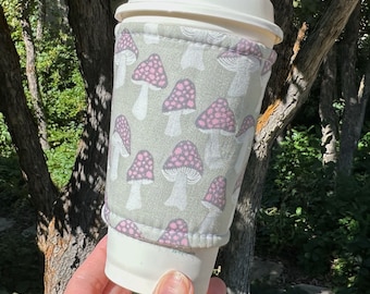 Iced or Hot Fabric coffee cozy / cup sleeve / coffee sleeve / Pink and Gray Mushrooms -- Flat Shipping