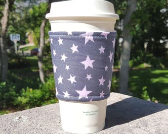 Fabric coffee cozy / cup sleeve / coffee sleeve  / teacher gift / Pink Stars on Gray -- Flat Shipping