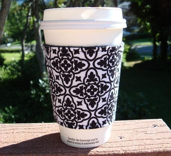Hot or Iced Fabric coffee cozy / cup holder / coffee sleeve / coffee koosie / mason jar cozy - Elegant Black on White Damask