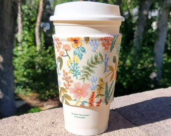 Hot or Iced Fabric coffee cozy / cup sleeve / coffee sleeve  / Rifle Paper Co Almafi Herb Garden on Cream -- Flat Shipping