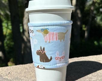 Hot or Iced Reusable coffee cozy / cup sleeve / coffee sleeve / coffee cup holder - Dogs with Glasses -- Flat Shipping