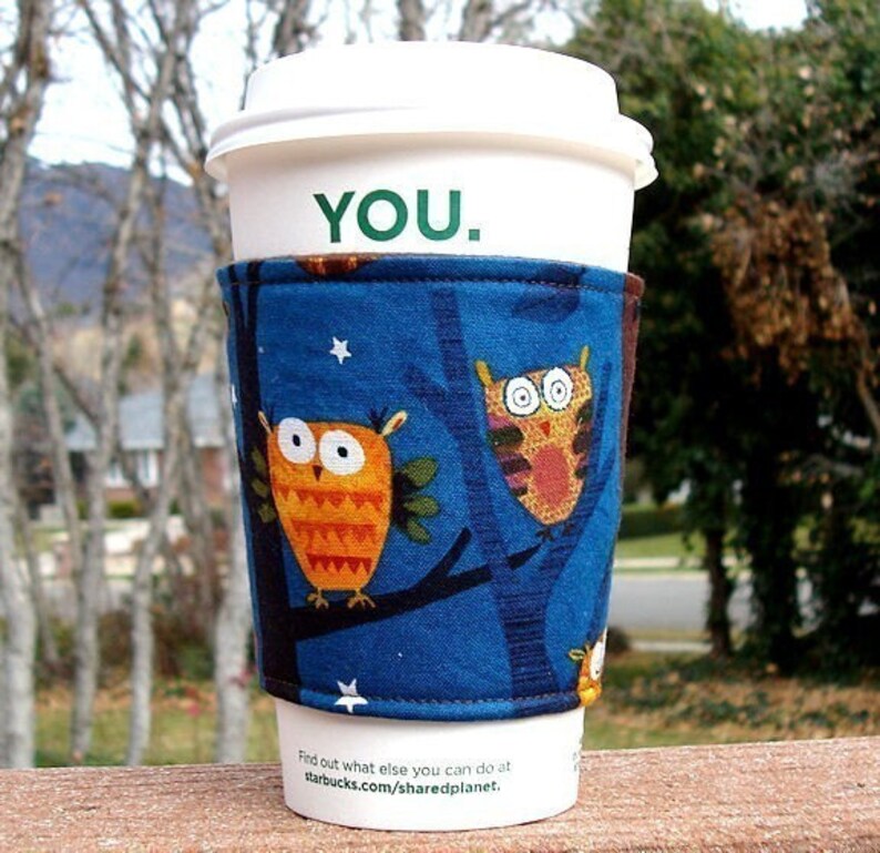 Hot or Iced coffee cozy / cup holder / coffee sleeve Nighttime Owls Flat Shipping image 1