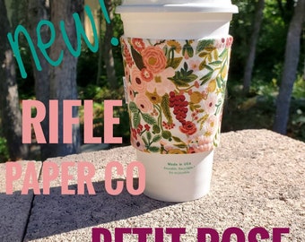 Hot or Iced Fabric coffee cozy / cup sleeve / coffee sleeve  / Rifle Paper Co Flowers Petit Rose Garden Party -- Flat Shipping