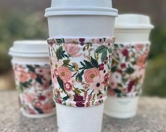 Hot or Iced Fabric coffee cozy / cup sleeve / coffee sleeve  / Rifle Paper Co Flowers Petit Rose Garden Party -- Flat Shipping