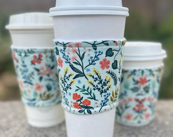 Hot or Iced Fabric coffee cozy / cup sleeve / coffee sleeve  / Rifle Paper Co Wildwood Greens -- Flat Shipping