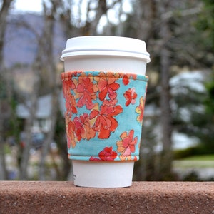 Hot + Iced fabric coffee cozy / cup sleeve / coffee sleeve - Orange watercolor flowers