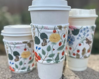 Hot or Iced Fabric coffee cozy / cup sleeve / coffee sleeve  / Rifle Paper Co Strawberry Fields -- Flat Shipping
