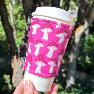Iced or Hot Fabric coffee cozy / cup sleeve / coffee sleeve / Pink Mushrooms -- Flat Shipping