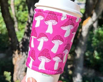 Iced or Hot Fabric coffee cozy / cup sleeve / coffee sleeve / Pink Mushrooms -- Flat Shipping