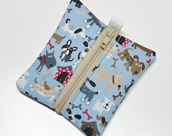 Tiny zipper pouch / earbud case / earbud pouch / AirPod pouch / coin pouch | Dogs on blue -- Flat Shipping