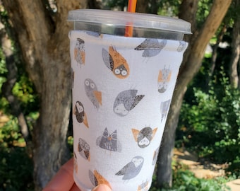 Iced or Hot Fabric coffee cozy / cup sleeve / coffee sleeve / Gray Owls -- Flat Shipping