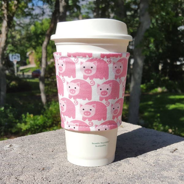 Hot or Iced Fabric coffee cozy / cup sleeve / coffee sleeve / teacher gift / Here Piggy Piggy