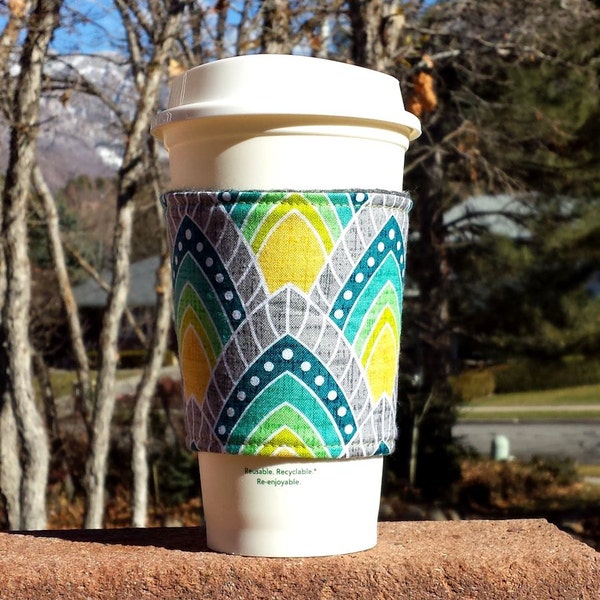 Fabric coffee cozy / cup sleeve / coffee sleeve / coffee koozie -- Modkid Rendevous Peacock Gardens Blue -- Flat Shipping