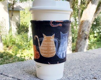 Hot or Iced Reusable coffee cozy / cup sleeve / coffee sleeve / coffee cup holder - Kitty Cat Talk to the... - Flat Shipping