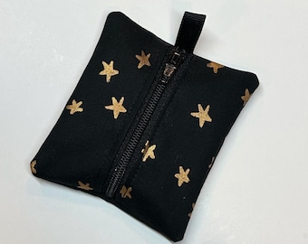 Tiny zipper pouch / earbud case / earbud pouch / coin pouch | Ruby Star Society Alexia Abegg — Gold stars on black -- Flat Shipping