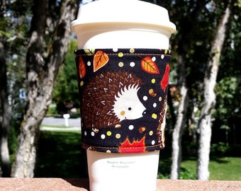 Hot or Iced Fabric coffee cozy / cup holder / coffee sleeve / coffee cup holder / beverage holder / beverage sleeve -- Happy Hedgehogs