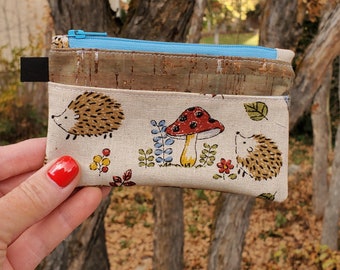 The Mini - zipper pouch + front slip pocket / card holder coin cash change purse / fabric + cork / hedgehogs and mushrooms