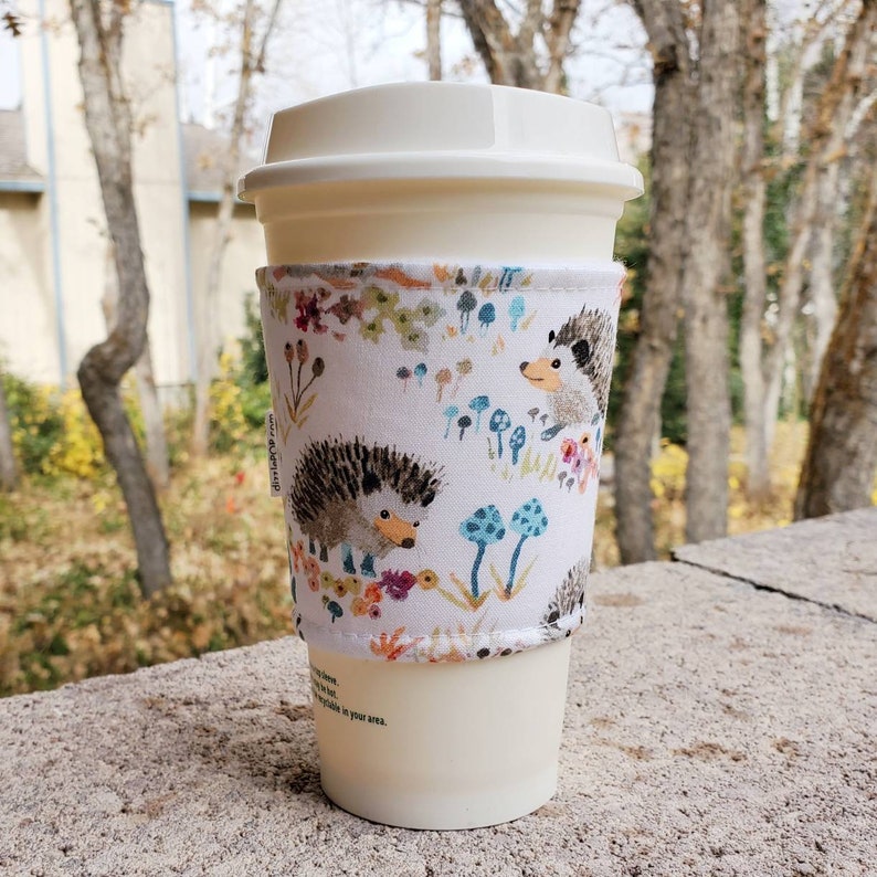 Hot or Iced Fabric coffee cozy / cup sleeve / coffee sleeve / Cute Hedgehogs on White Flat Shipping image 1