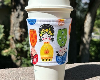 Hot or Iced Fabric coffee cozy / cup sleeve / coffee sleeve  -- Matryoshka Nestled Russian stacking dolls on white -- Flat Shipping