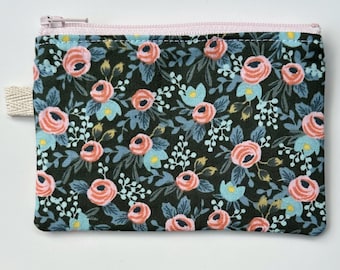 Rifle Paper Co. Floral Les Fleurs Hunter Peach Zipper Pouch, Handmade Cotton Coin Purse