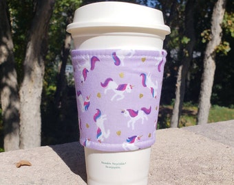 Hot or Iced Reusable coffee cozy / cup sleeve / coffee sleeve / coffee cup holder - Unicorns on Violet Purple -- Flat Shipping