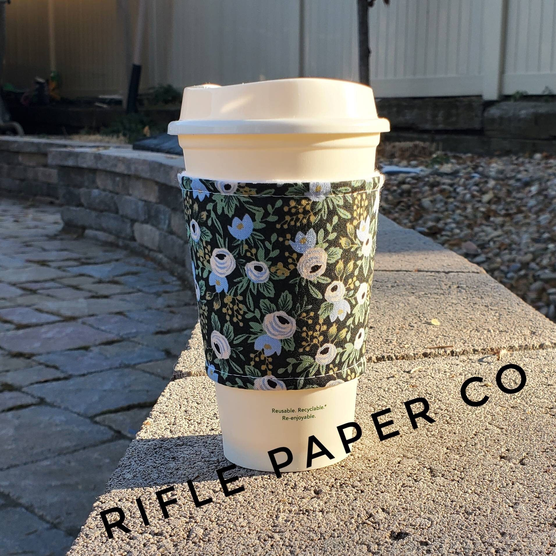 Hot or Iced Fabric coffee cozy / cup sleeve / coffee sleeve / Rifle Paper Co Primavera Les Fleurs Black -- Flat Shipping