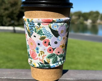 Hot or Iced Fabric coffee cozy / cup cuff / coffee sleeve  / Rifle Paper Co Flowers Petite Garden Party Ivory with Lavender -- Flat Shipping