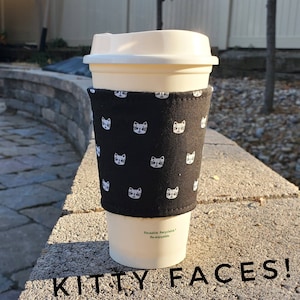 Kitty Cat Faces Coffee Cozy - Handmade Fabric Cup Sleeve